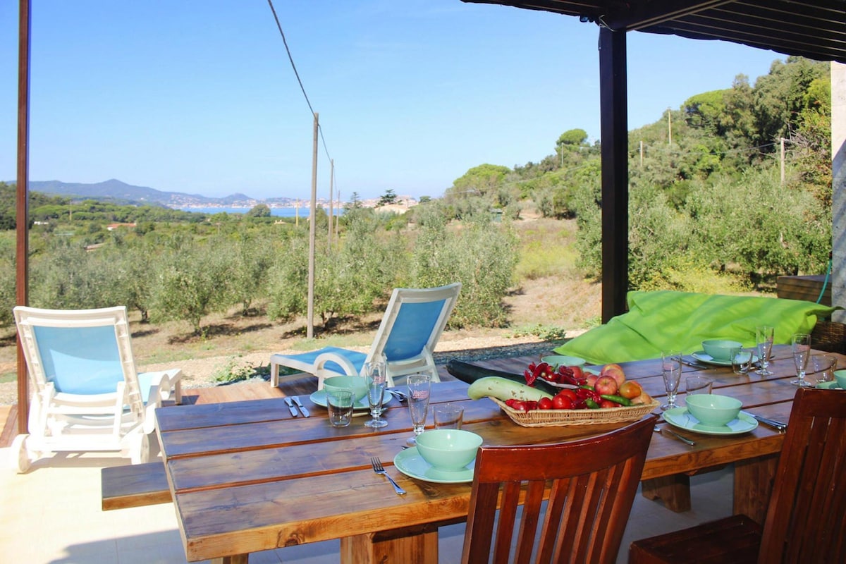 A wooden table set for two with chairs, a basket of fruit, and a view of a vineyard and mountains.