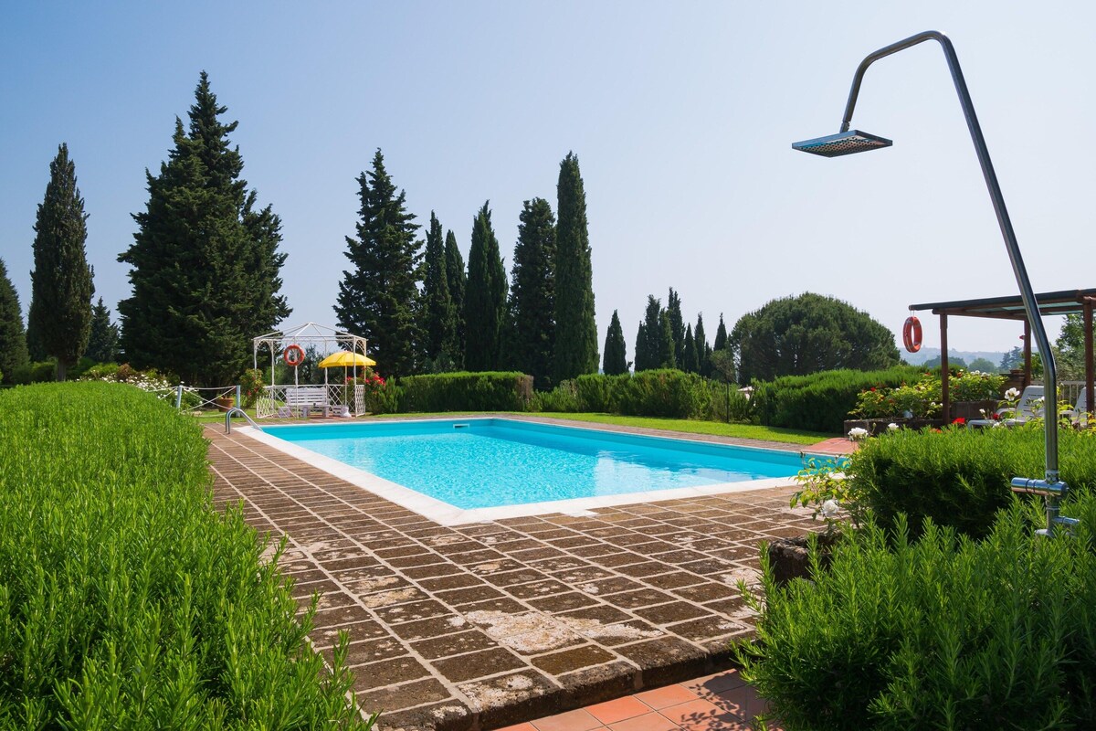 A rectangular swimming pool with a tiled deck, surrounded by well-maintained hedges and tall trees.