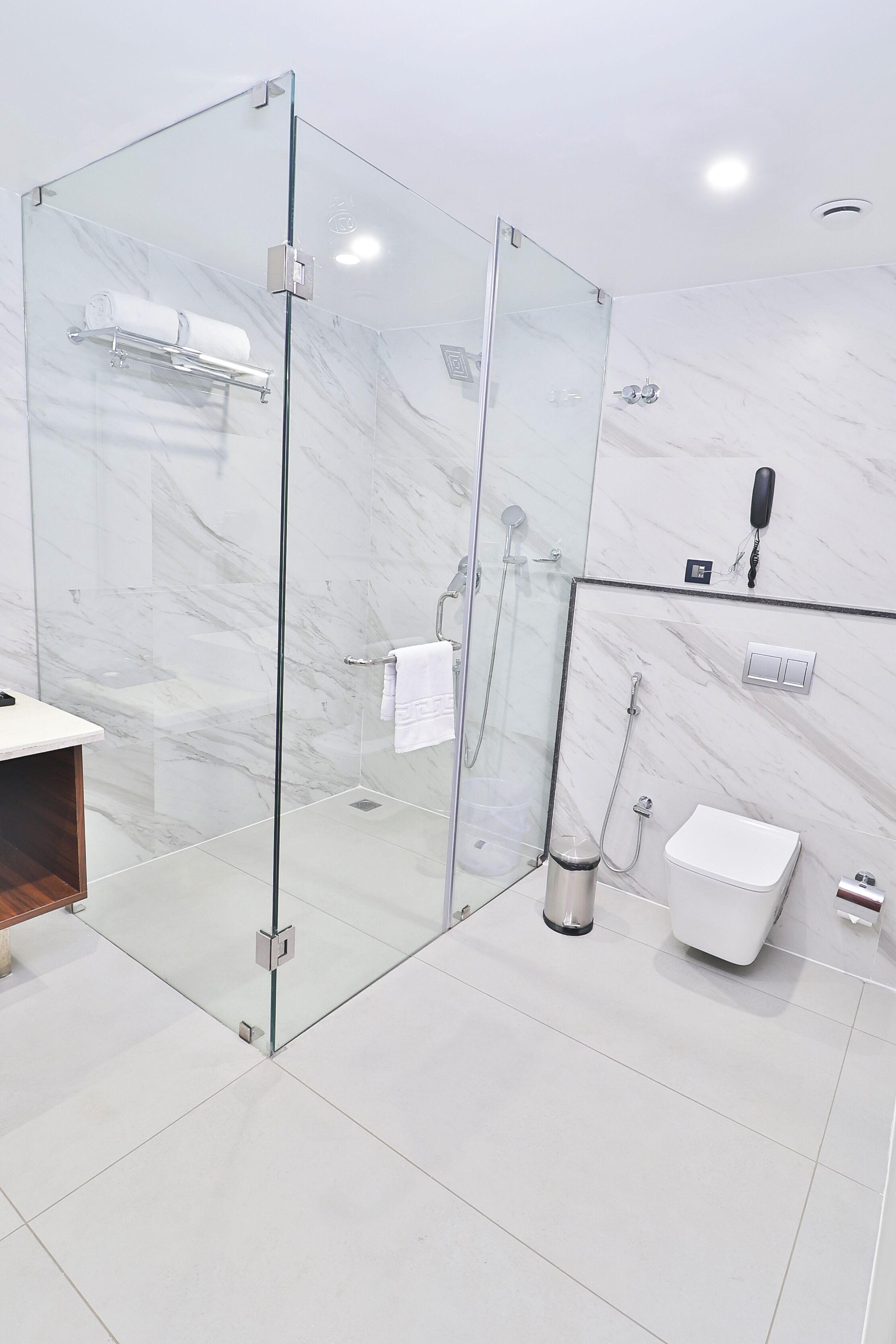 A modern bathroom with a glass-enclosed shower, a white toilet, and a marble-tiled wall.