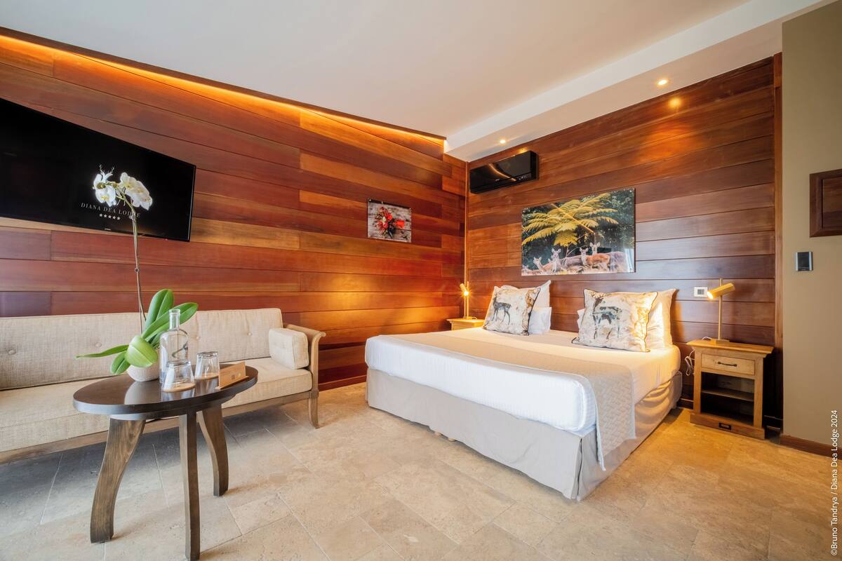 A modern hotel room with a wooden wall panel, a bed with white bedding, a sofa, a small round table with a plant, and artwork on the wall.
