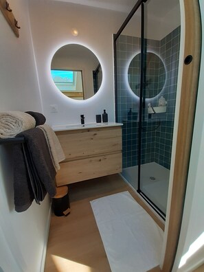 Hair dryer, towels, soap, toilet paper