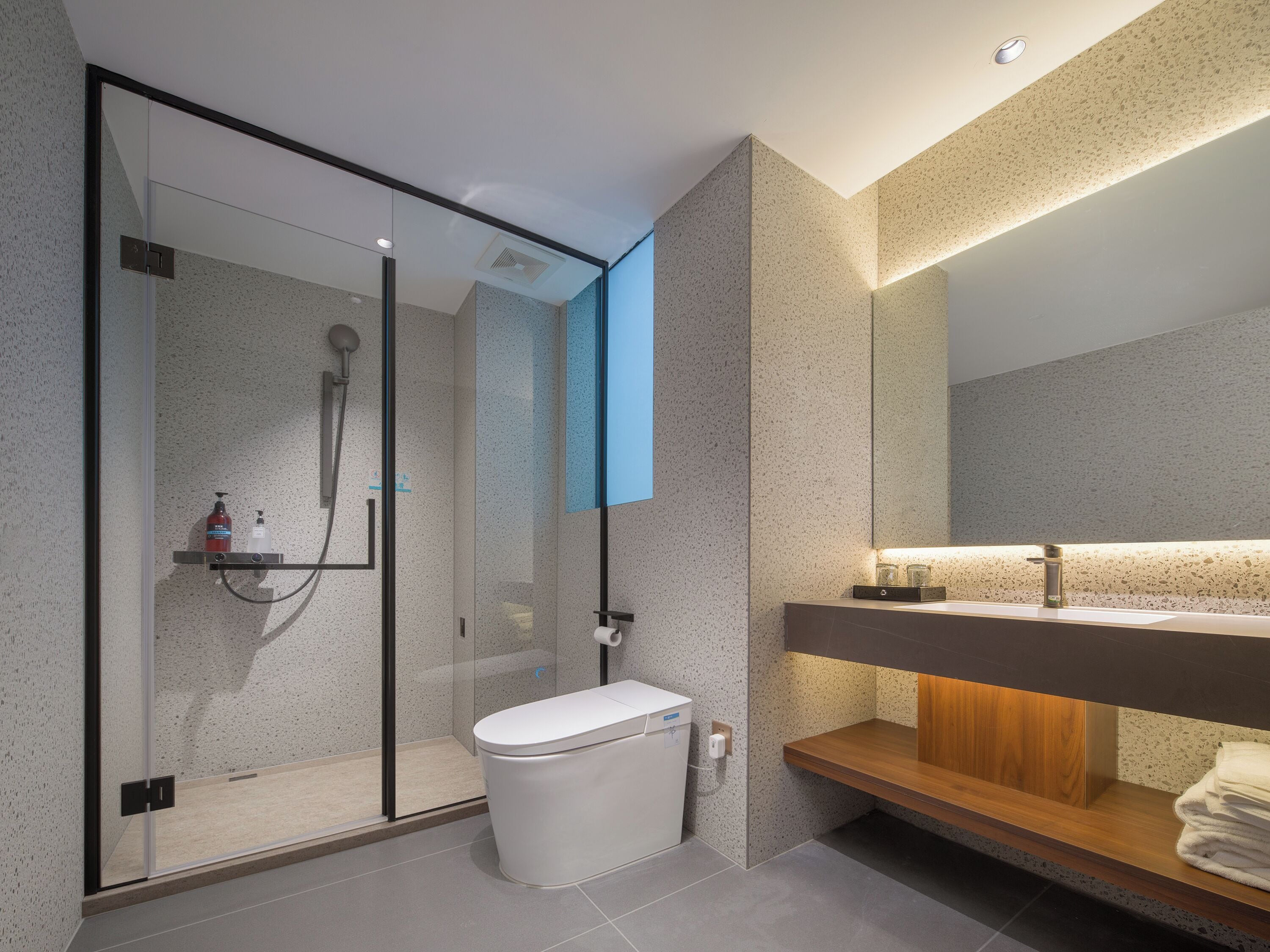 A modern bathroom with a glass-enclosed shower, a white toilet, a wooden vanity, and a mirror.