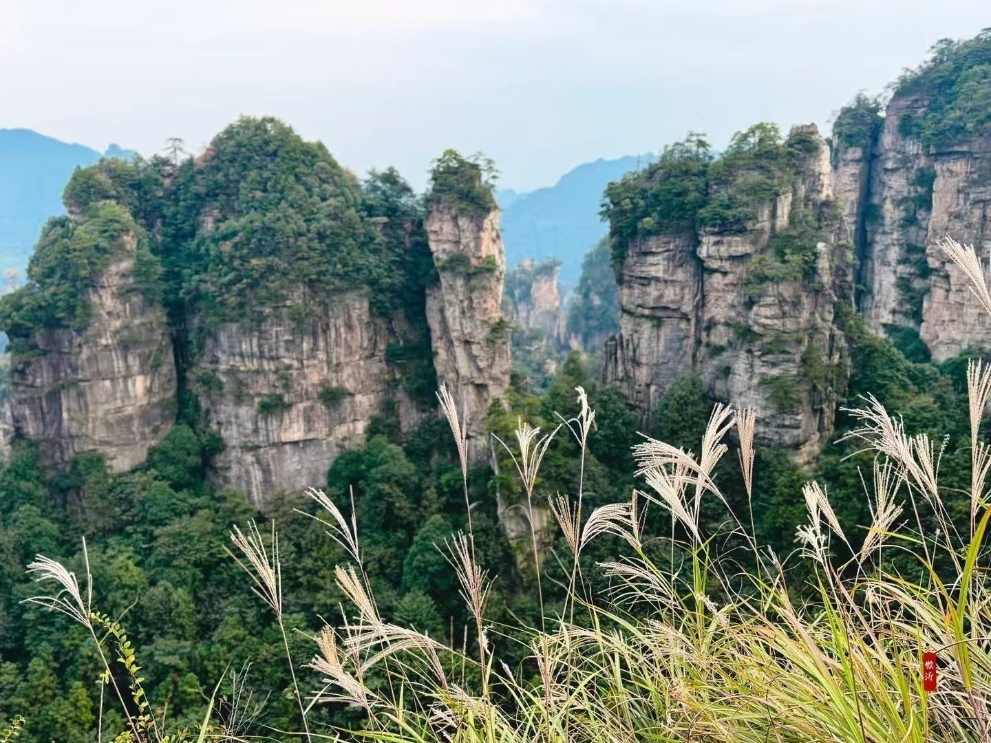 A mountainous landscape with tall, rocky cliffs and dense greenery.