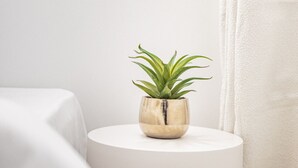 Ein minimalistisches Badezimmer mit einem weißen Waschbecken, einem kleinen runden Beistelltisch mit Topfpflanze und einem Handtuch an der rechten Seite.
