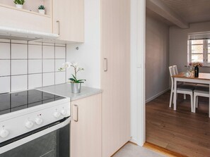 A modern kitchen with a stove, cabinets, and a potted orchid on the countertop. - 2 Person Holiday Home in Ringkobing (Ringkobing)