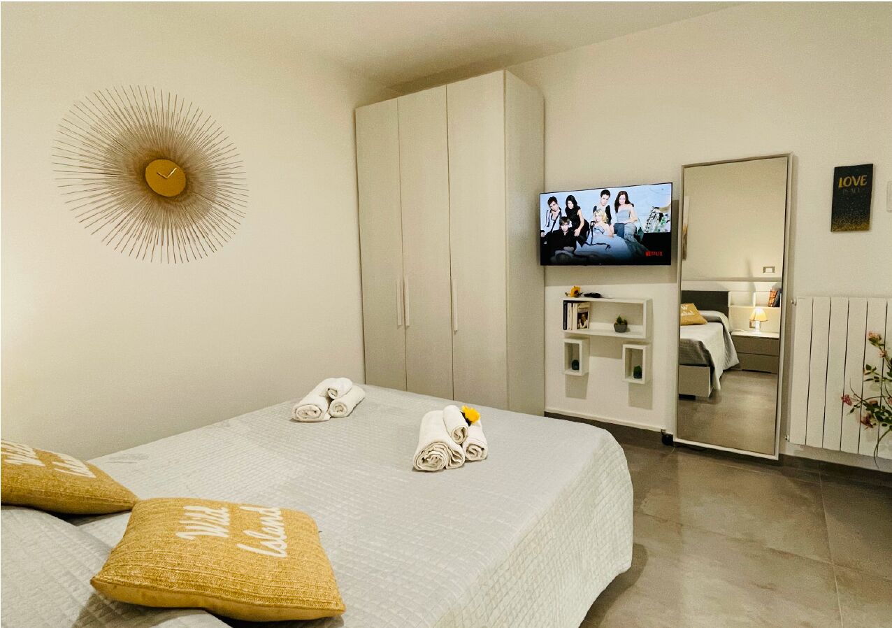Een hotelkamer met een bed, een televisie, een kledingkast en een spiegel.