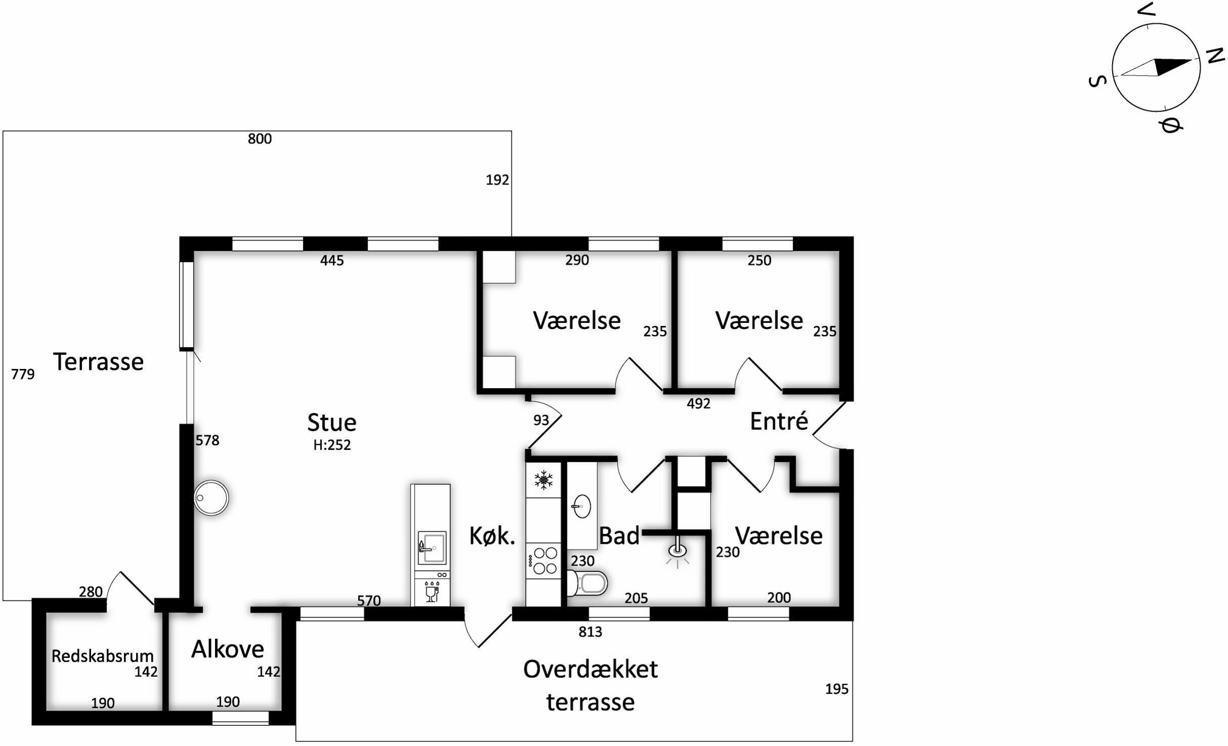 A floor plan with a terrace, two ensuite bathrooms, a kitchen, a living area, and a small balcony.