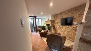 Un salon avec un mur en pierre, un téléviseur à écran plat fixé au mur et une cheminée. On y trouve un canapé marron et une plante en pot.