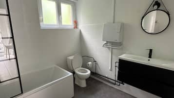 Hair dryer, towels, soap, toilet paper