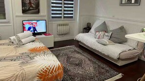 A living room with a sofa, a television, a bed with a patterned bedspread, a decorative rug, and a window with blinds.