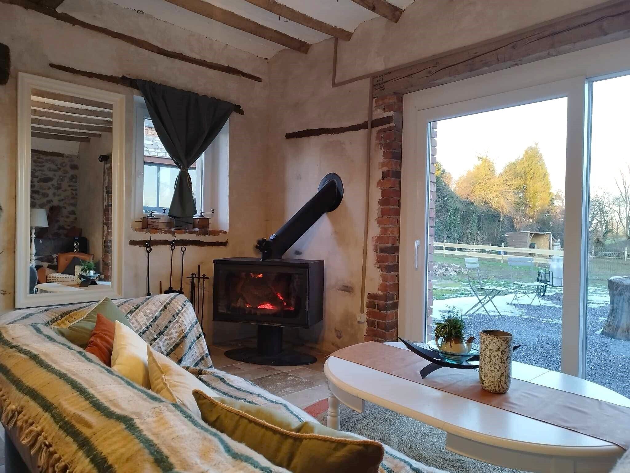 Chimenea, libros, biblioteca de música, estéreo