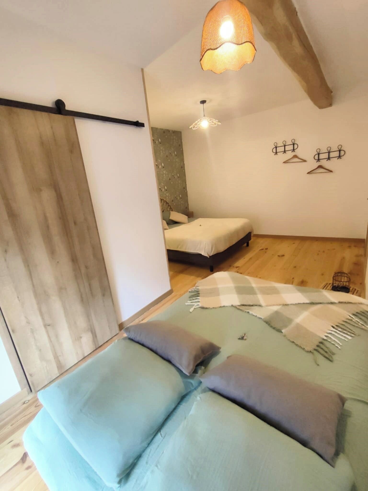 A bedroom with a bed, a hanging light fixture, and a wall-mounted coat rack.