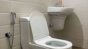 A bathroom with a toilet, a sink, and a shower.