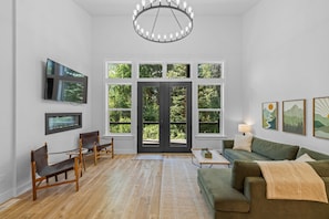 Smart TV, fireplace, books