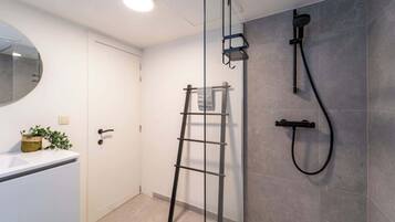 Shower, hair dryer, towels