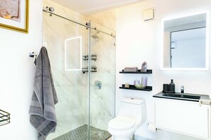 Chuveiro, secador de cabelo, toalhas de banho, shampoo