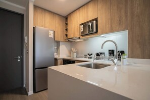 Fridge, microwave, oven, stovetop