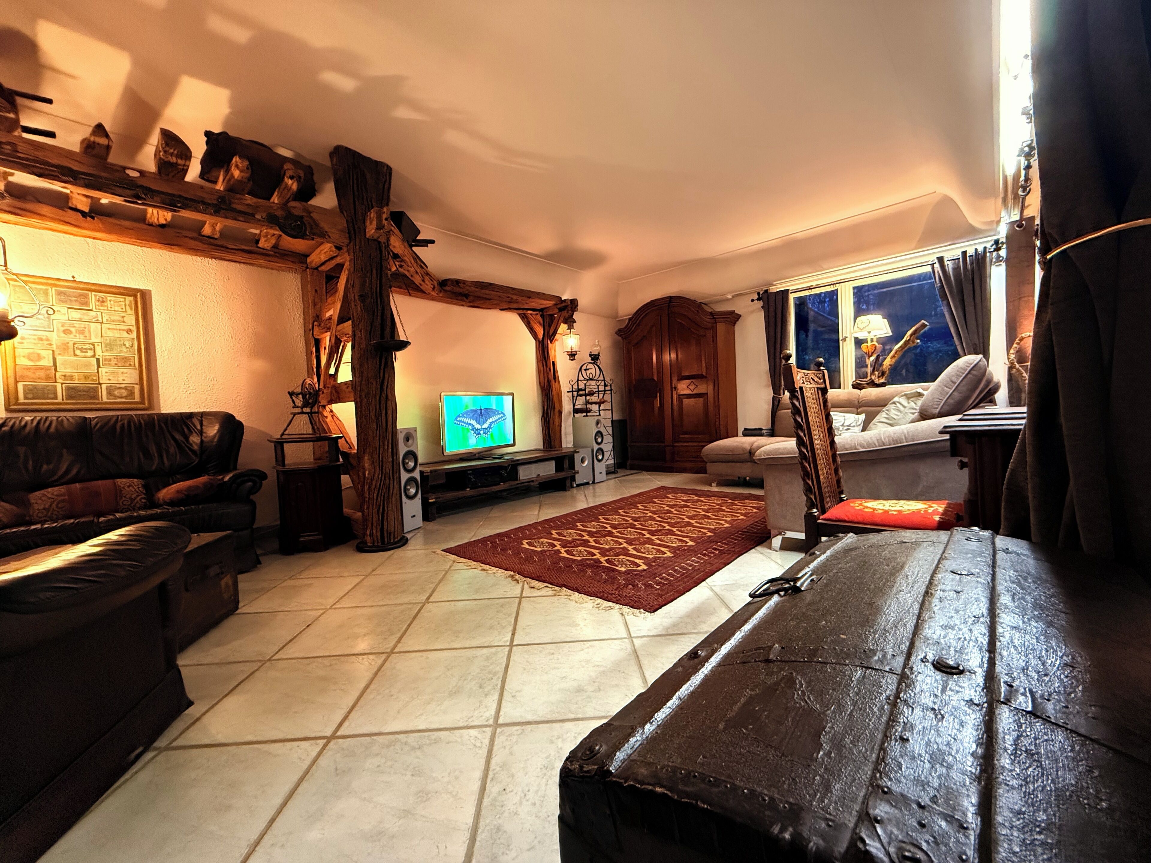 Smart TV, fireplace, video games, DVD player