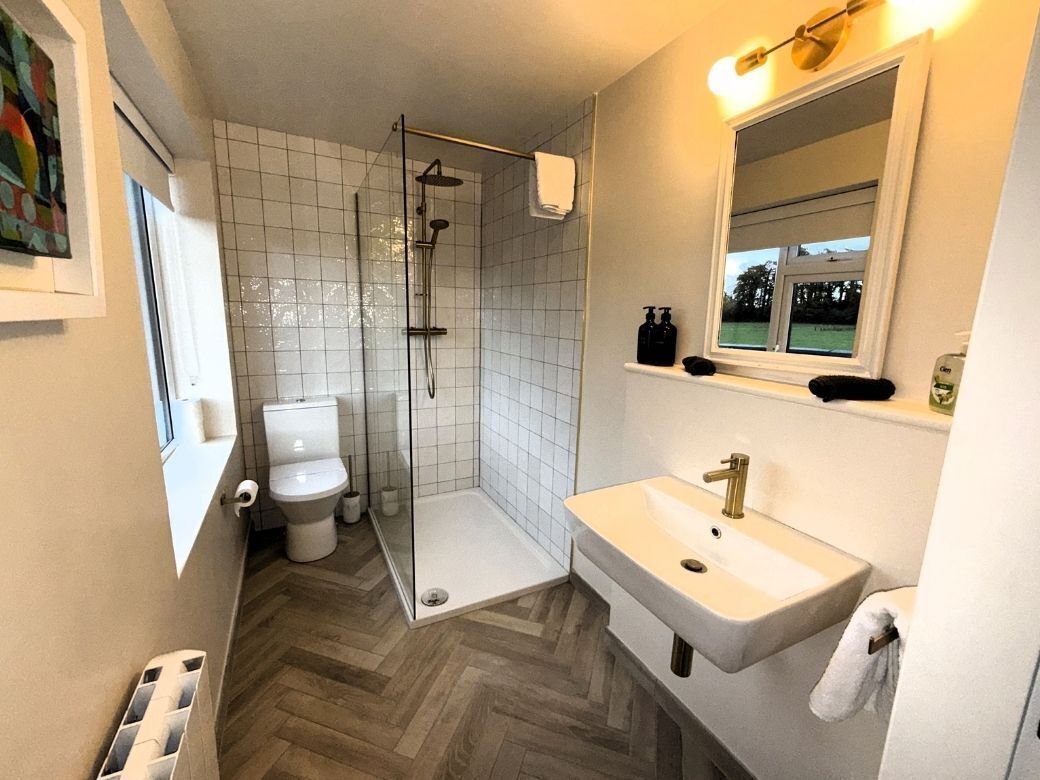 A modern bathroom with a shower, toilet, and sink.