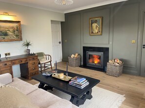 TV connectée, cheminée, livres