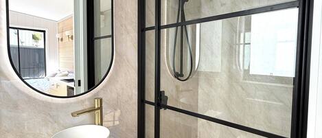 Hair dryer, bidet, towels, soap