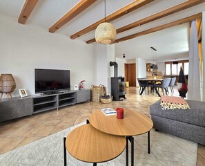 Televisión, chimenea y libros 
