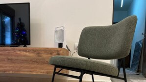 Un soggiorno moderno con una poltrona imbottita verde, una scrivania reception in legno, un termosifone bianco e un tappeto decorato.
