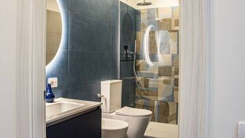 Shower, hair dryer, bidet, towels