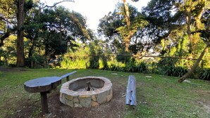 Uma lareira de pedra rodeada por um espaço gramado, com árvores ao fundo.