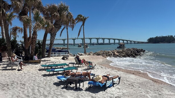 Ein Strand mit Liegestühlen, Palmen und einer Brücke im Hintergrund.