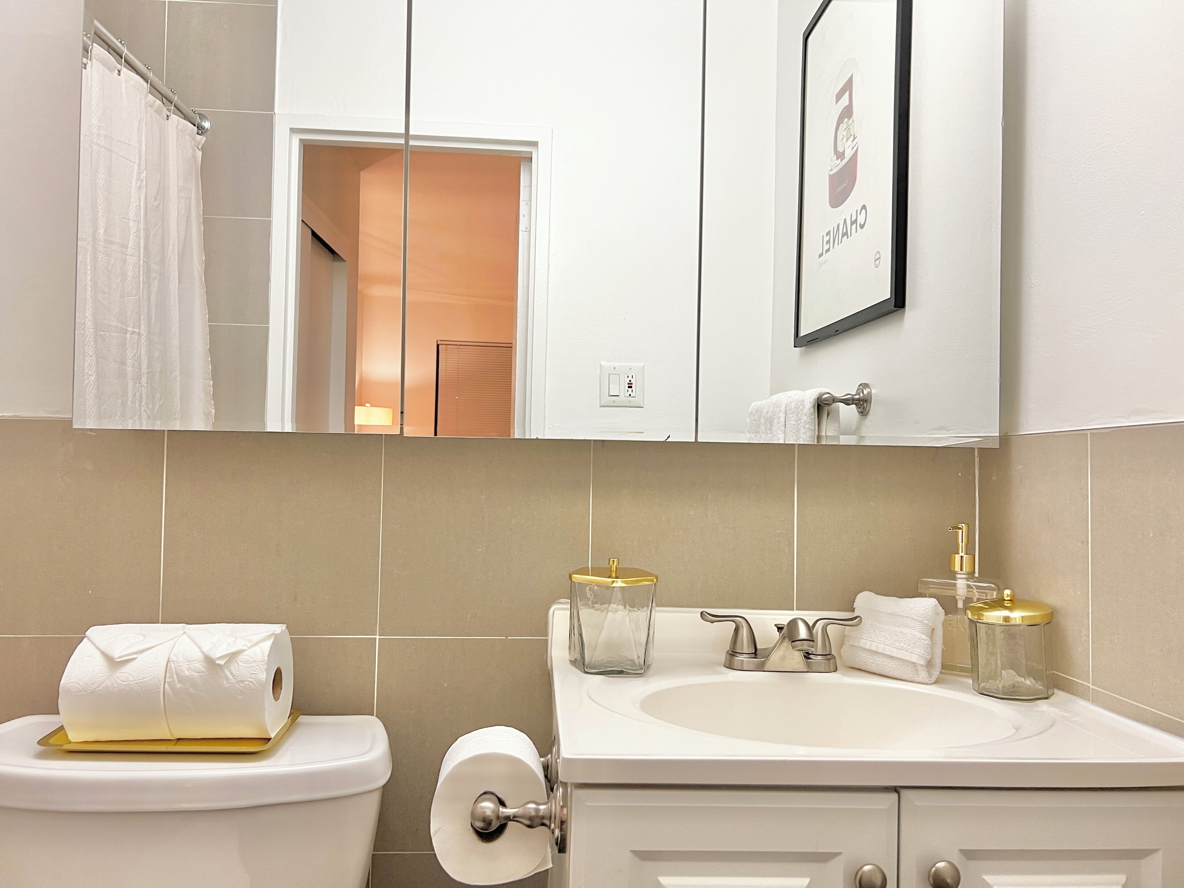 Hair dryer, towels, soap, toilet paper