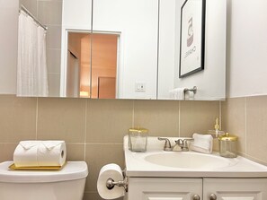 Séchoir à cheveux, serviettes fournies, savon, papier de toilette