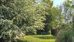 Un jardin avec une pelouse, une clôture en bois et un banc.