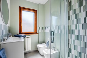 Shower, hair dryer, bidet, towels