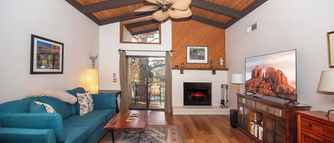 Smart TV, chimenea, reproductor de DVD y libros