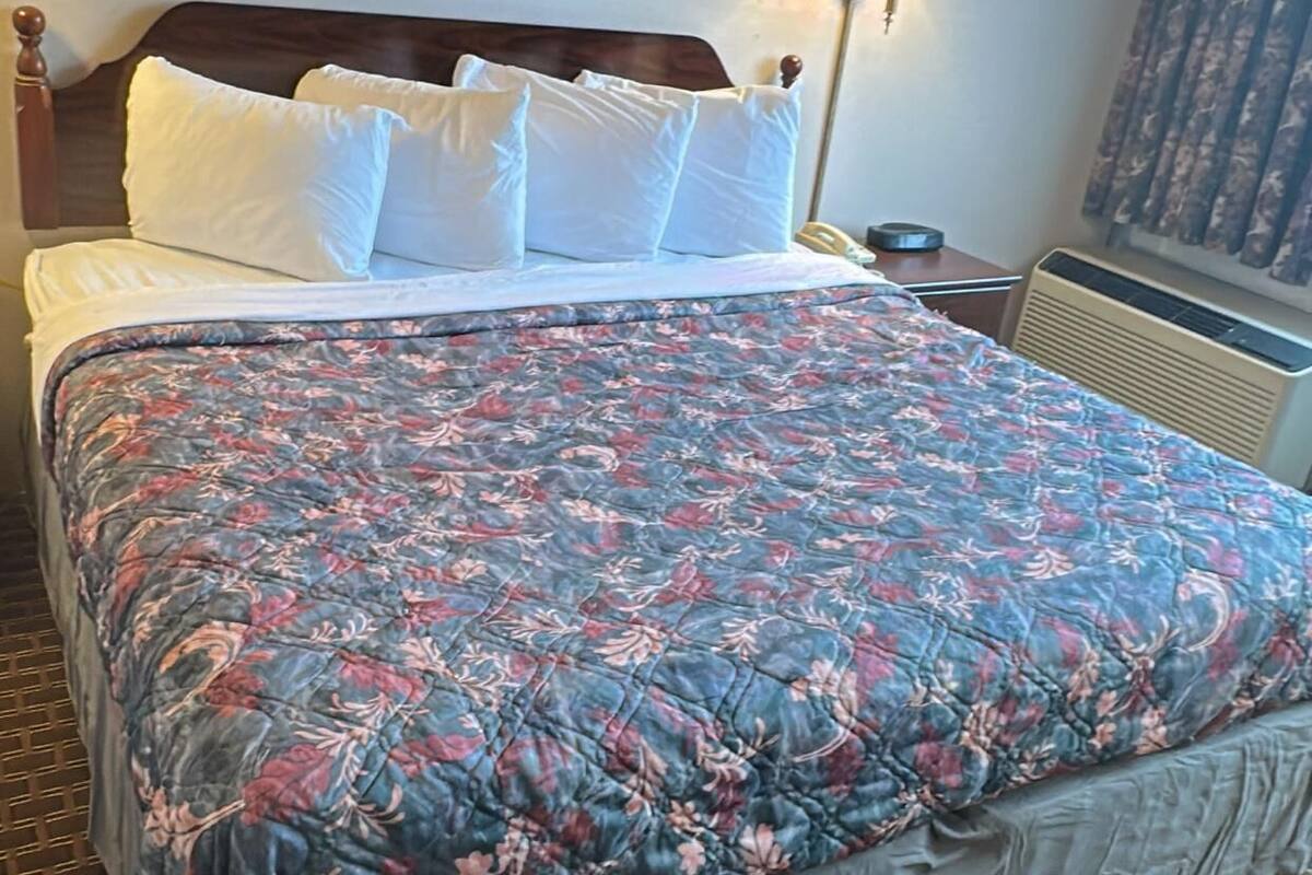 Habitación de hotel con cama, mesita de noche, lámpara, un cuadro enmarcado y ventana con cortinas.