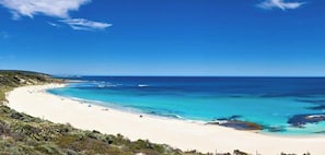 A coastal beach with clear blue waters, sandy shores, and sparse vegetation. - Redgum Treehouse - Luxury home in wine country! (Western Australia)