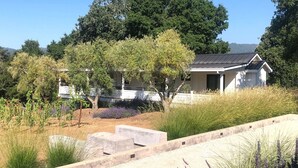 A house with a sloped roof, surrounded by trees and a garden with lavender plants.