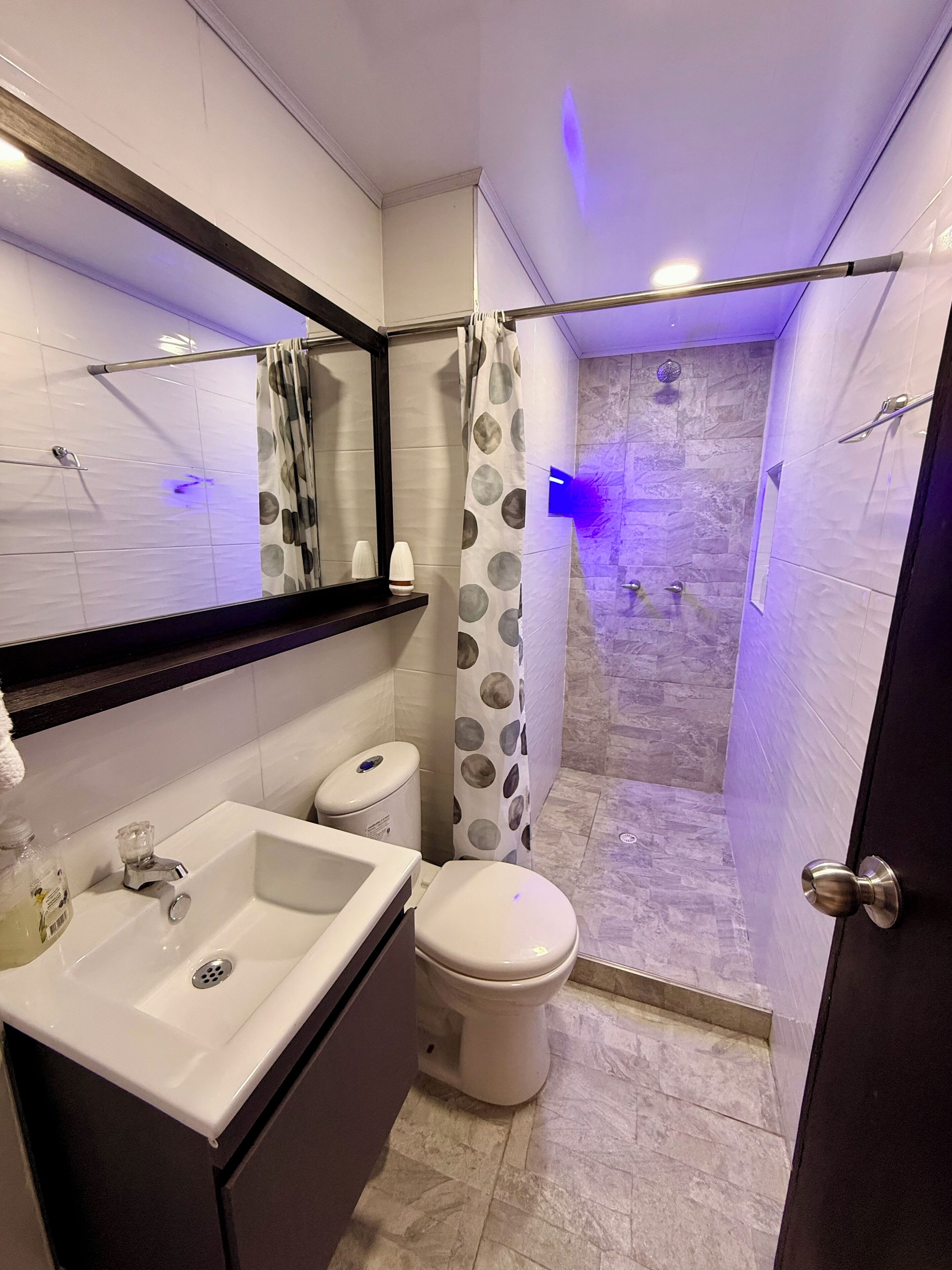 Hair dryer, towels, soap, shampoo