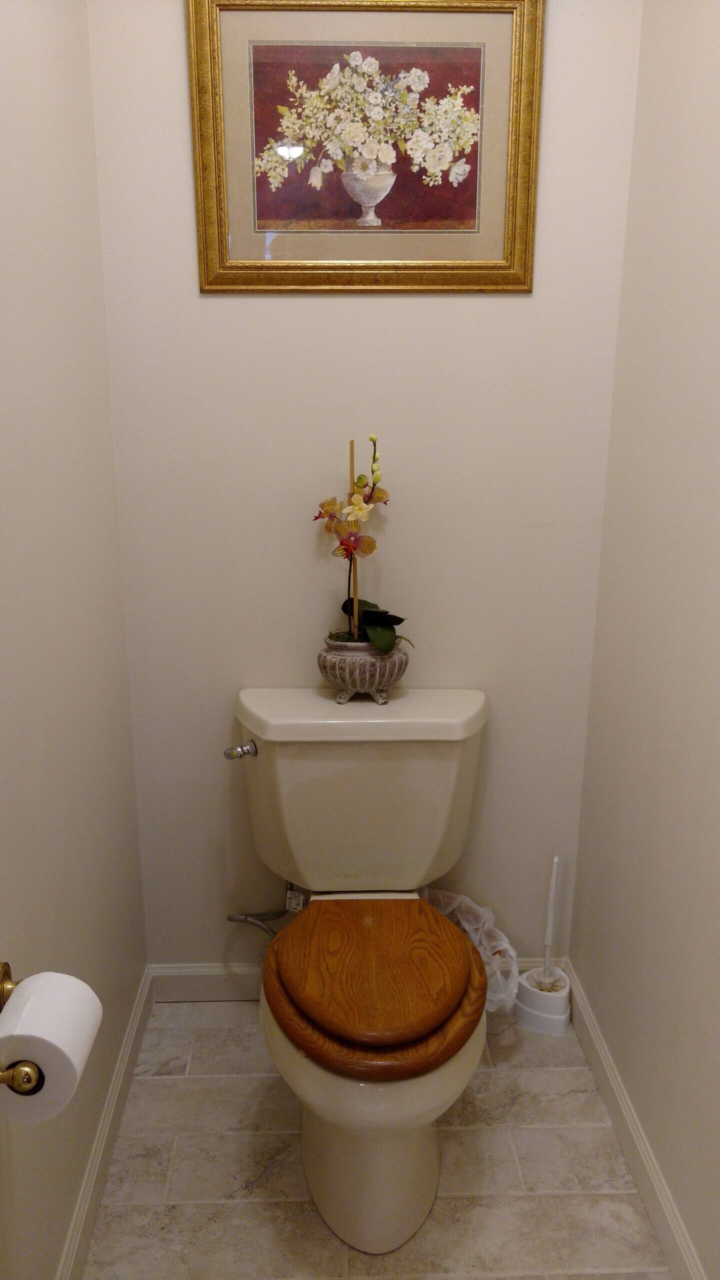 Une salle de bain avec des toilettes, une œuvre d’art florale encadrée au-dessus, et une petite plante en pot posée sur le réservoir des toilettes.
