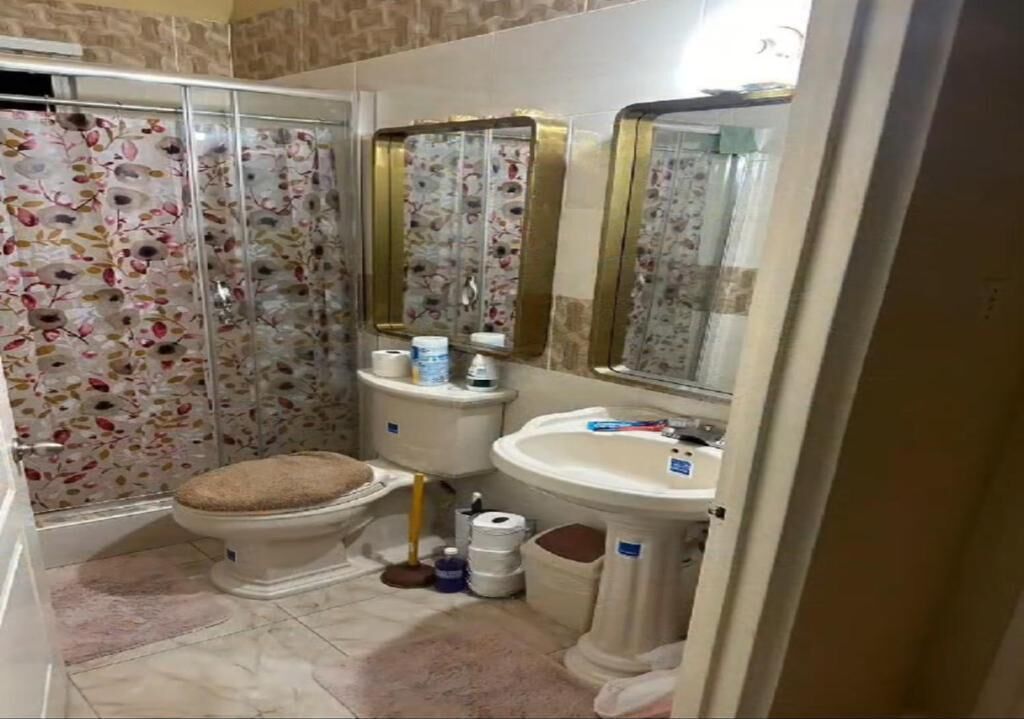 A bathroom with a shower, toilet, sink, and a mirror.