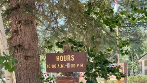 A wooden signpost with a brown background and yellow lettering indicating operating hours from 10:00 A.M. to 3:00 P.M.