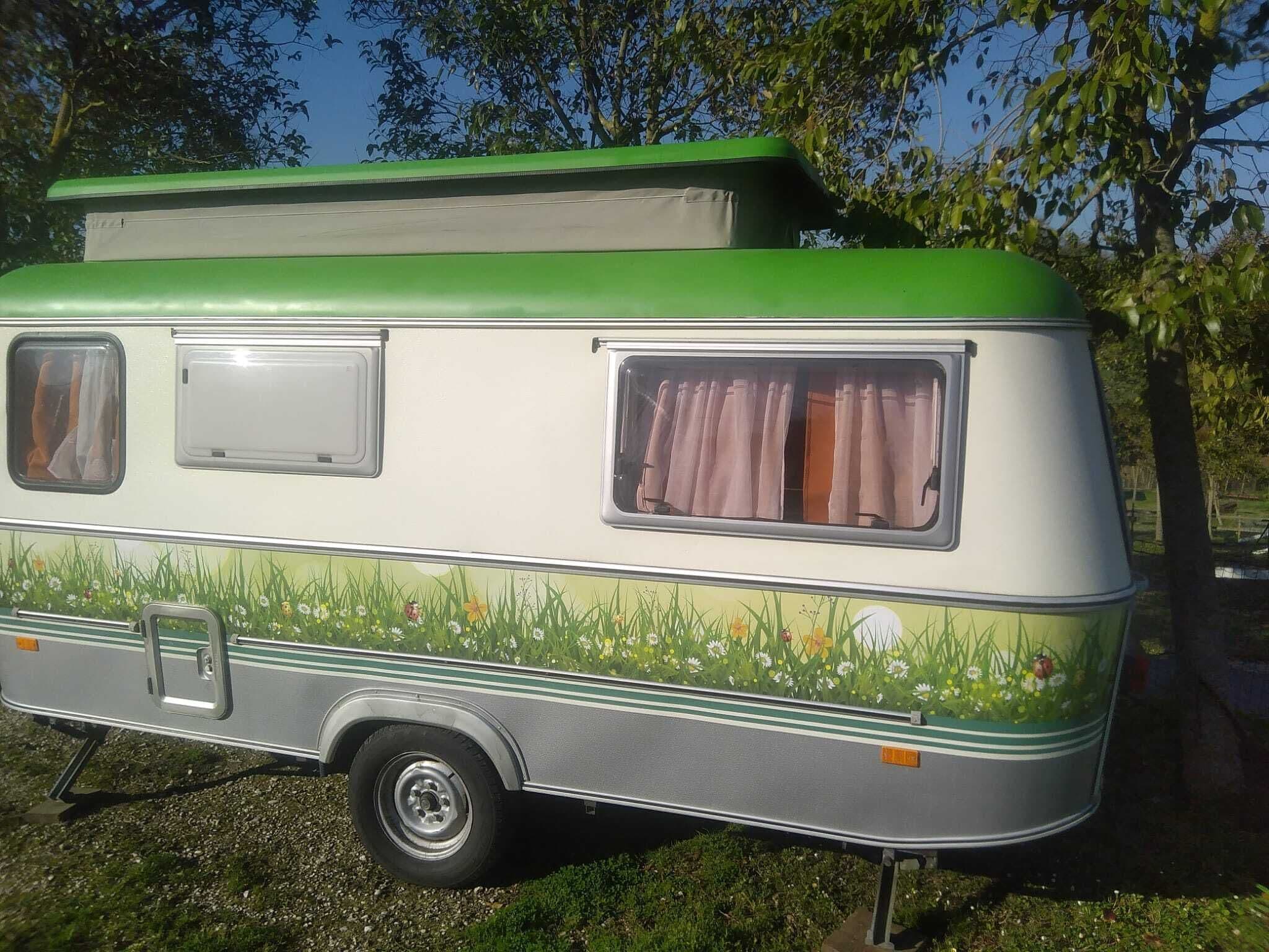 A vintage camper van with a green roof, two windows with curtains, and a side door.