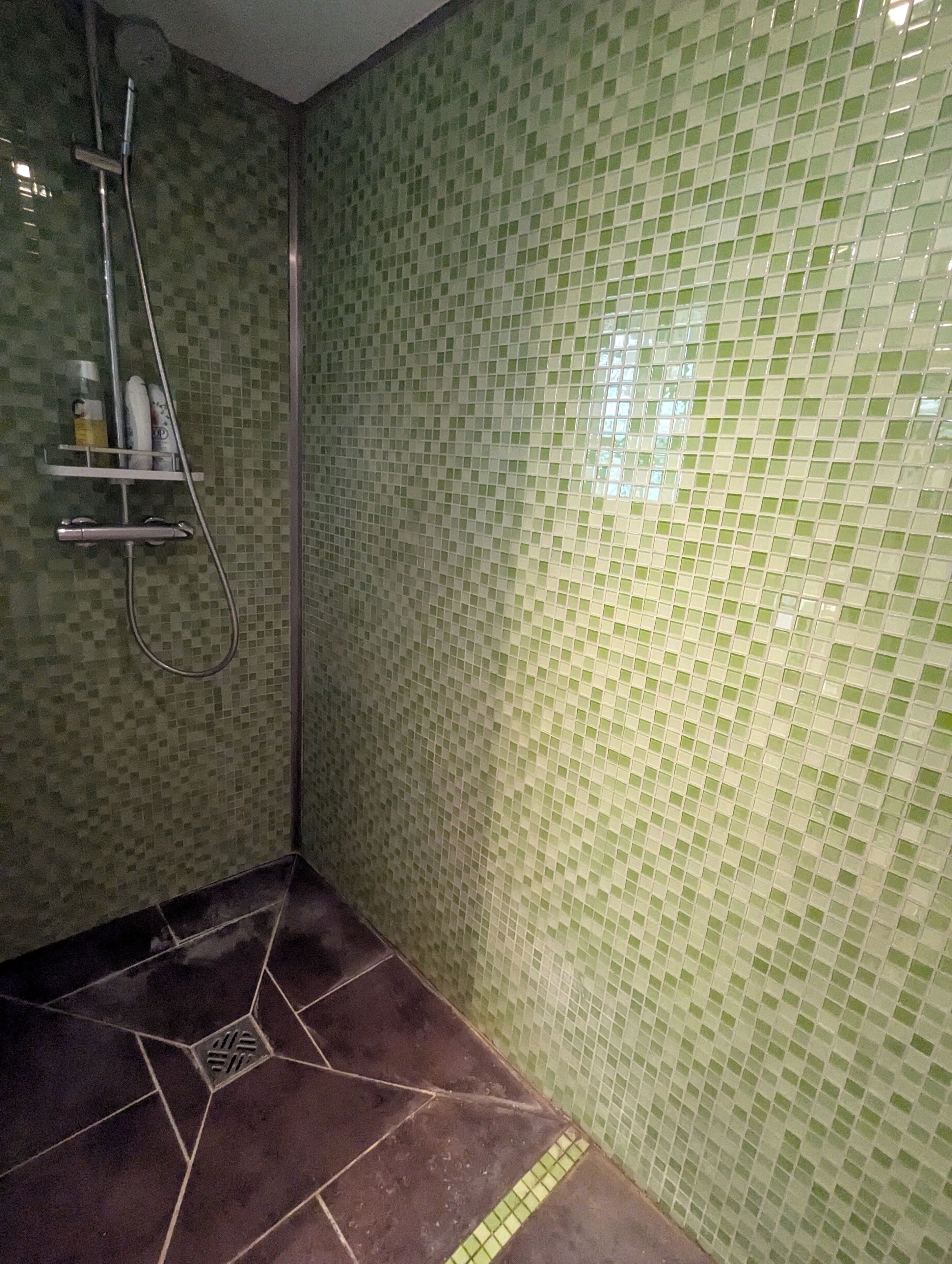Un baño con mosaicos verdes, una zona de ducha y un suelo de baldosas con diseño geométrico.