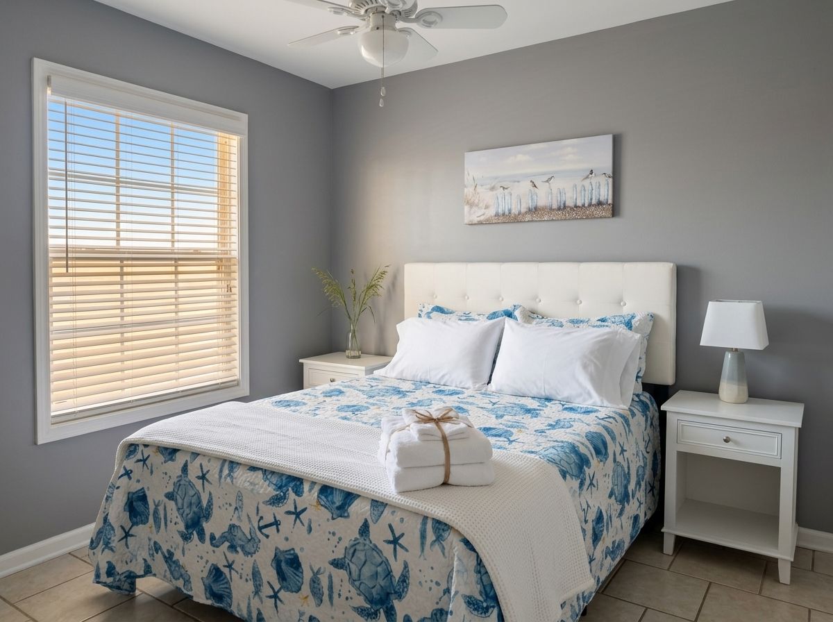 A bedroom with a bed, nightstands, a ceiling fan, a window with blinds, and a wall-mounted painting.
