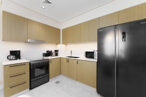 Fridge, microwave, oven, electric kettle