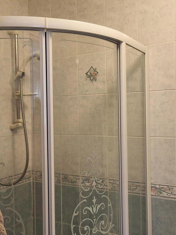 Een douchecabine met een glazen deur, een douchekop en een handdouche.