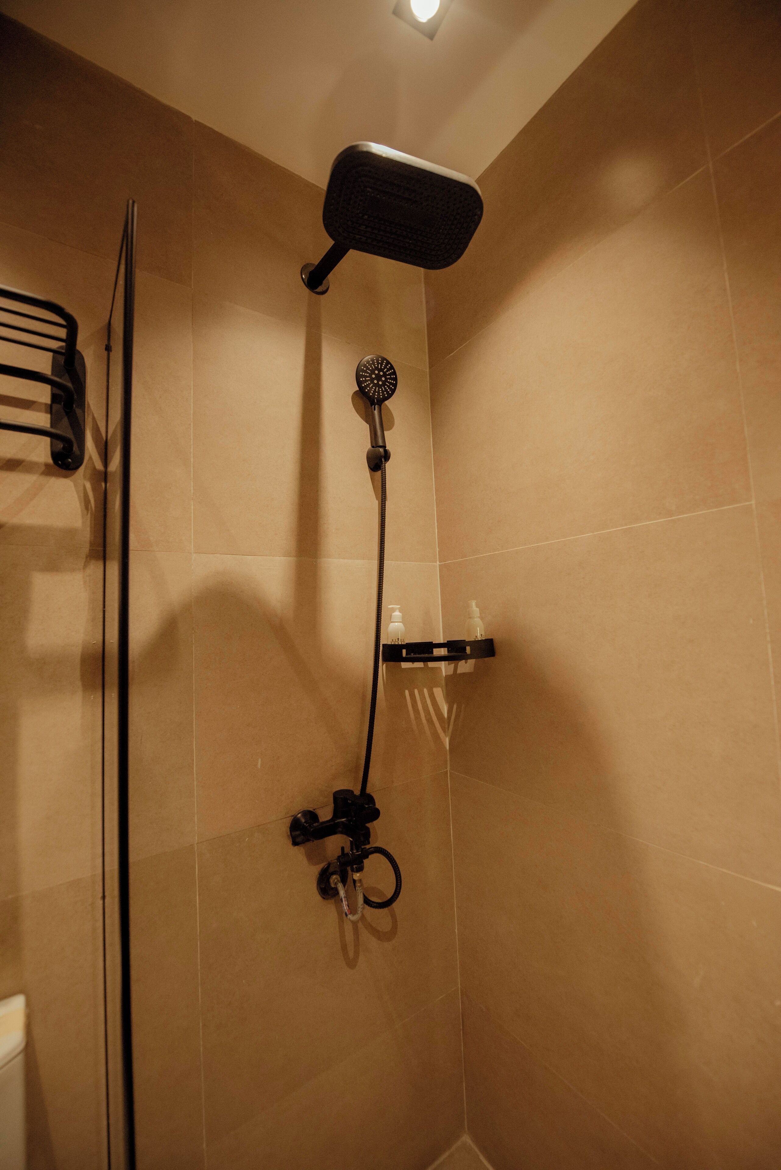 Une douche équipée d’un pommeau de douche à main, d’un porte-serviettes mural et d’un distributeur de savon placé sur une étagère.