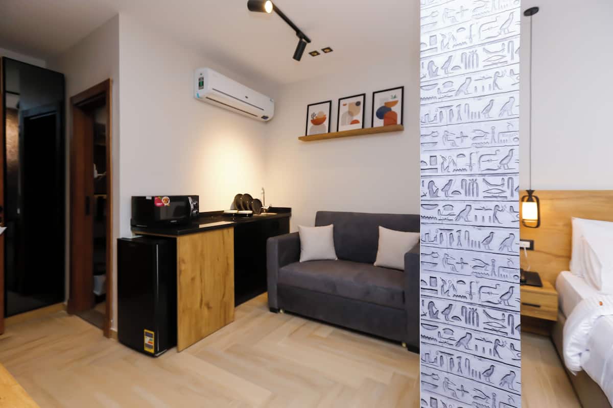 A compact living space with a kitchenette, a sofa, and a bed.