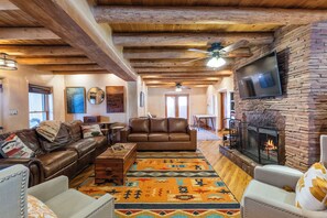 Smart TV, fireplace, books, music library